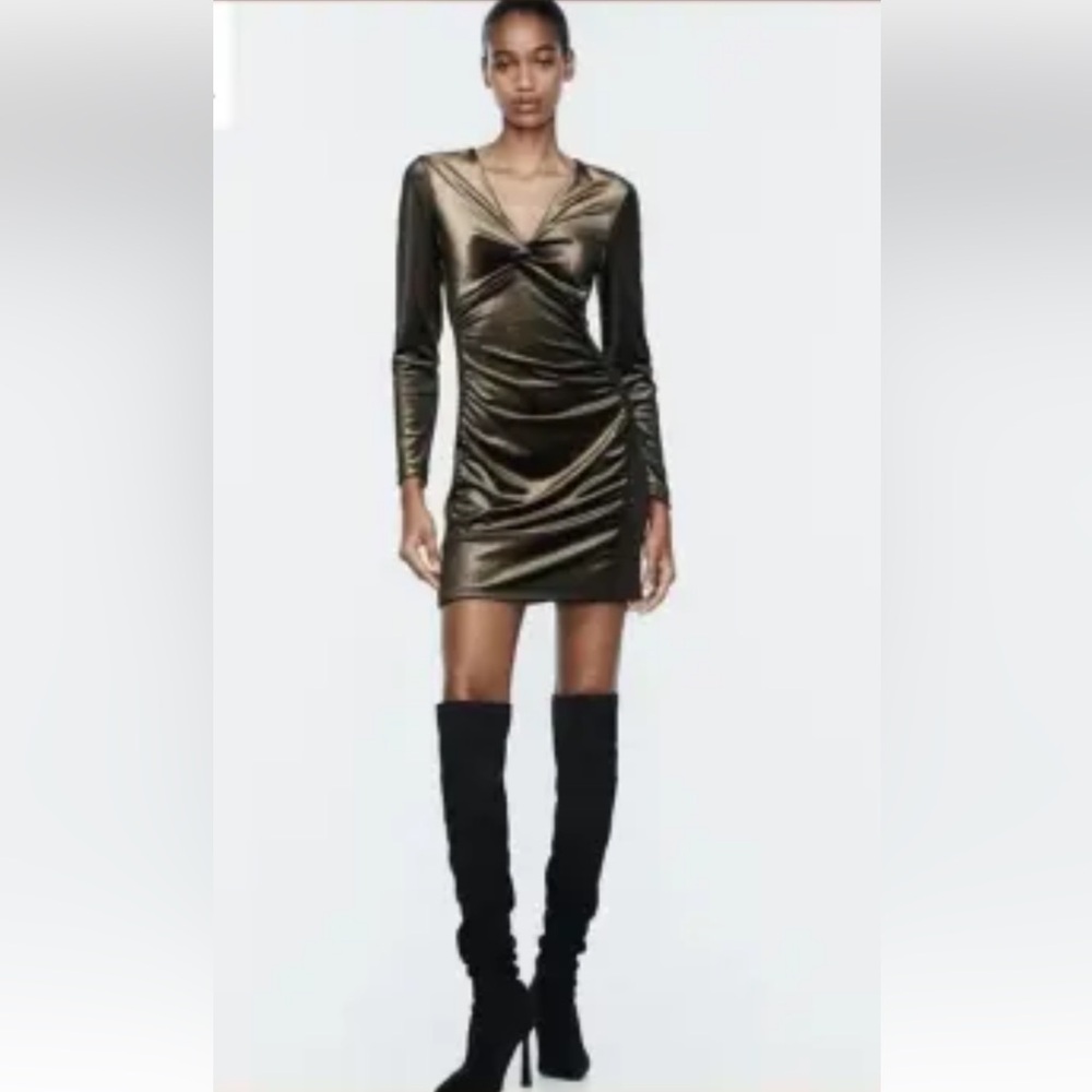 Zara Green Ruched Sheath Dress with Plunge Neckline